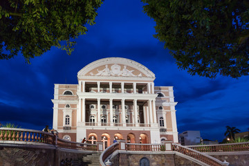 The beautiful Amazonas theater  (Teatro Amazonas  opera house), symbol of the rubber boom era in the amazon at dusk. Manaus, Amazonas, Brazil.