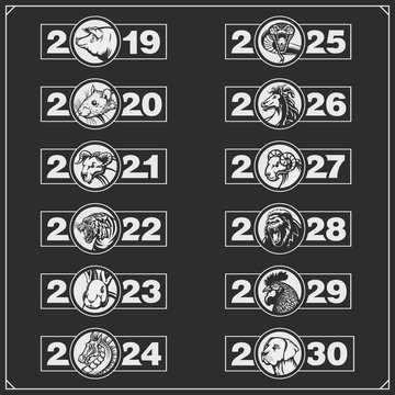 Chinese years zodiac calendar with animals. Pig, rat, bull, tiger, rabbit, dragon, snake, horse, ram, monkey, rooster, dog.