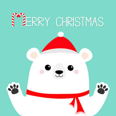 Merry Christmas. White polar bear holding hands paw print. Red scarf, hat. Cute cartoon funny kawaii baby character. Happy New Year. Greeting Card. Flat design. Blue background. Greeting card.