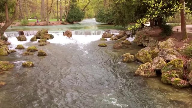 Waterfall Of The River Eisbach, Germany, Munich - English garden.