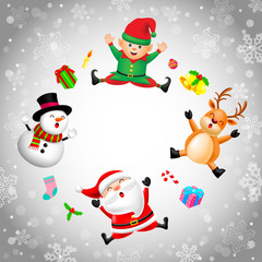 Funny Christmas Characters design, Santa Claus, Snowman, elf and Reindeer on snowflake background. Holly jolly, Merry Christmas and Happy new year concept, Illustration.