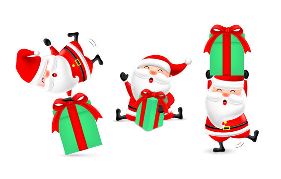 Collection of cute cartoon Santa Claus with gift boxes. Merry Christmas and Happy New Year. Illustration isolated on white background.