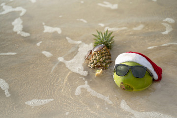 Obraz premium Coconut Holiday with glasses and Santa Claus hat and pineapple,Concept Christmas on the beach Tropical design made in Phuket, Thailand.