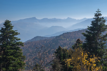 mystical mountains in blue haze