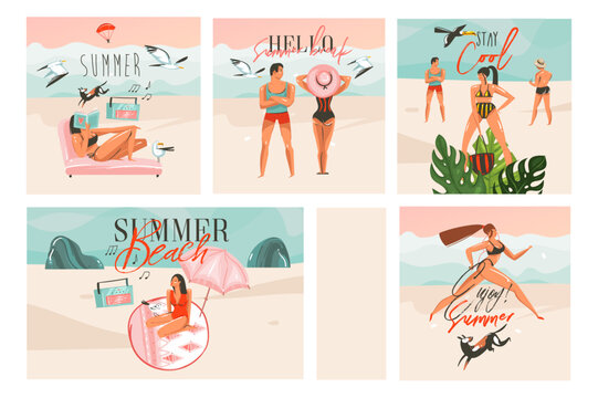 Hand drawn vector abstract graphic cartoon summer time flat illustrations cards template collection set with beach people,sunset and tropical birds isolated on white background