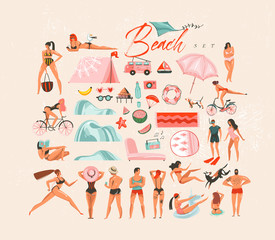 Hand drawn vector abstract cartoon summer time fun big fun decoration swimming people group collection illustrations set bundle scene creator isolated on white background