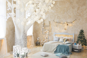 Interior fairy bedroom with tree and stairs and bed