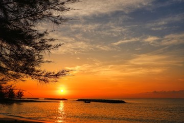 Sunset at the ocean makes the sea and the sky golden.