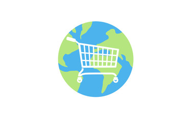 Eco-friendly shopping - Flat vector image of a shopping cart and leaves on the globe