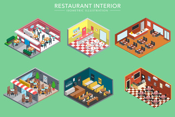 Isometric 3d Restaurant Interiors Vector Illustration