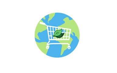 Eco-friendly shopping -   Flat vector image of a shopping cart and leaves on the globe