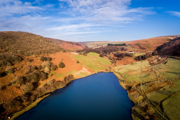 Aerial drone view of Cwmtillery Reservoir, near Brecon Beacons during winter season