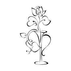 vase with rose flower with leaves in the form of hearts in black lines on a white background