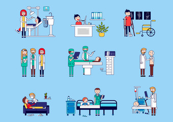 Horizontal set of medical services with doctors and patients. Vector illustration of a dentist reception, online consultation, traumatology, a set of doctors, operating. Vector illustration.