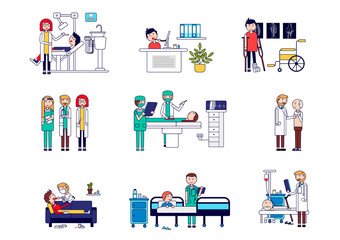 Horizontal set of medical services with doctors and patients. Vector illustration of a dentist reception, online consultation, traumatology, a set of doctors, operating. Vector illustration.