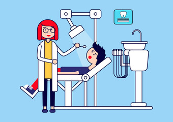 Dental care or treatment. Female dentist examines a patient's tooth. Vector illustration.