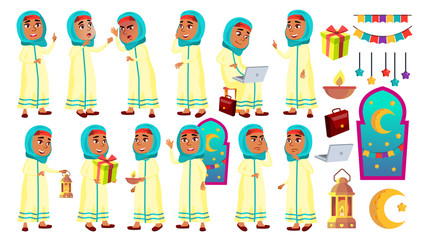 Arab, Muslim Girl Kid Poses Set Vector. Primary School Child. Celebrating Ramadan Kareem. Education. For Card, Advertisement, Greeting Design. Isolated Cartoon Illustration