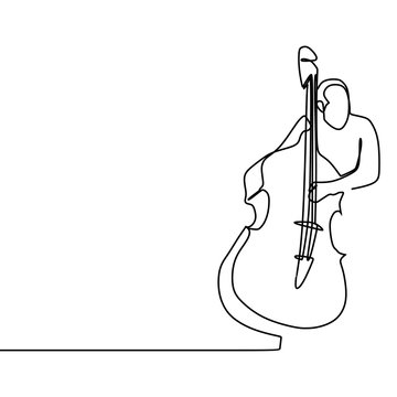 single one line vector of Double bass player contrabass playing. Classic musician Jazz bass isolated on white