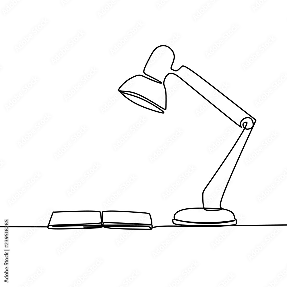 Poster one line art drawing of a study lamp and a book on the table isolated on white background. creative 