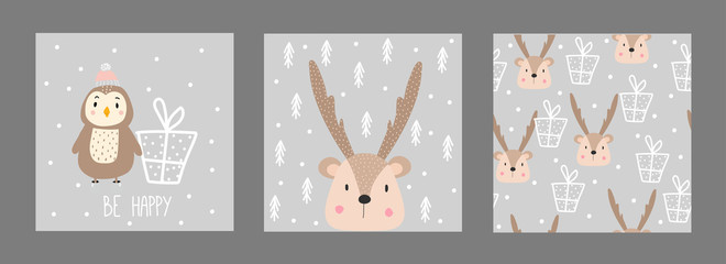 Set of Christmas cards. Deer, owl, presents. For print. Hand-drawn.