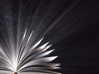 Part of an open magic book, bewitched book glows in the darkness, magic light. Education. Dreamy...