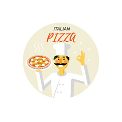 Vector illustration. Flat style icon of italian chef. Cute character for logo or different design. Funny cook with pizza margarita in circle.