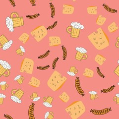 Seamless pattern of beer glass, sausage, cheese