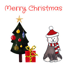 Christmas post card with bear, gift, fir on white background. Hand drawn.