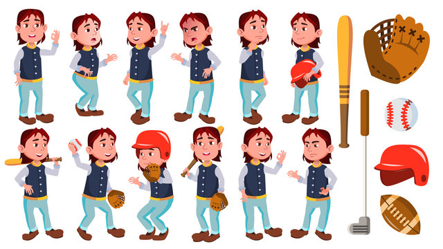Boy Schoolboy Kid Poses Set Vector. Primary School Child. Baseball Sport Player. Smile. For Advertisement, Greeting, Announcement Design. Isolated Cartoon Illustration