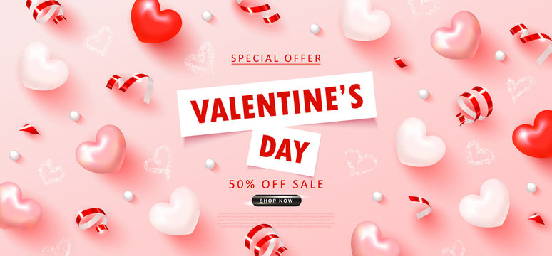Valentine's Day sale background.Romantic composition with hearts and serpentine. Vector illustration for website , posters,ads, coupons, promotional material.