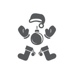 Vector picture Santa's cap, mittens, boots and New Year's sphere. Set of vector symbols. Cheerful Christmas character. Flat design Monohrome