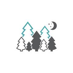 Fototapeta premium The vector picture of a fir-tree and the moon with stars. Set of vector symbols. Night coniferous forest. Flat design Monohrome