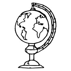 Globe icon. Vector illustration of a school globe. Hand drawn globe, planet, earth.