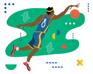 Basketball player with ball. Basketball player doing slam dunk. Creative vector illustration made in abstract composition