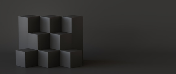 Black cube boxes with dark wall background. 3D rendering.