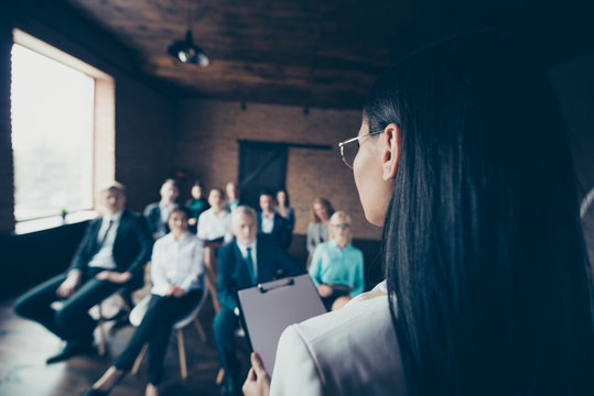 Seminar Briefing Teach Mentor Couch Train Big Many Large Nervous Staff Audience Executive Diverse Concept. Back Behind Rear Close Up View Of Smart Careful Listening Investors Sit On Chair New Person