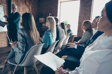 Profile side view of nice elegant stylish classy professional business sharks people crowd sitting...