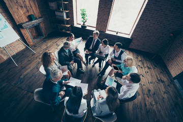 Top high angle above view photo of happy excited successful professional smart inspired human resources students showing test result of voting in loft room class course studio