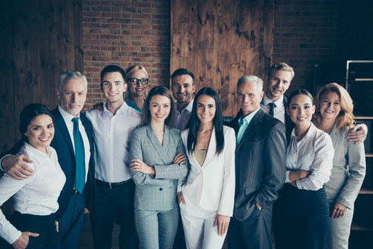 Portrait Of Nice Cheerful Elegant Classy Stylish Trendy Professional Diverse Business People Sharks Gathering International Company Founders At Workplace Station Wood Loft Interior