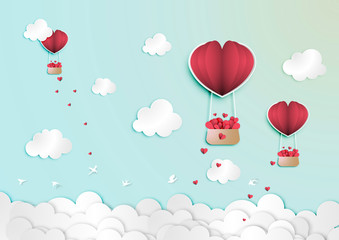 Paper art of Valentine Day Festival with Red Paper heart in Paper Balloon Heart Shape Basket on The Blue Sky vector