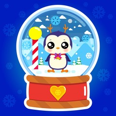 Merry Christmas cute penguin with winter landscape in snow glass globe.