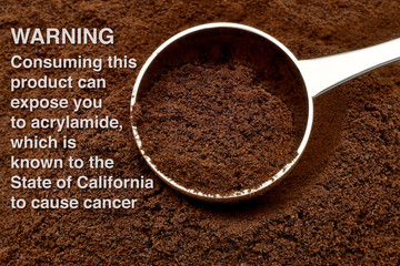 Acrylamide warning sign on ground or grinded coffee