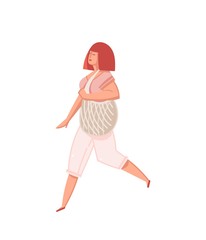 Hand drawn vector abstract cartoon graphic illustrations art with girl person with zero wastle bag isolated on white background