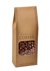 Blank brown kraft paper bag with text and coffee beans in transparent window on white background including clipping path