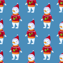 Cute Snowman wearing ugly sweater seamless vector pattern for children