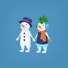 Cute vector cartoon snowmen pair 