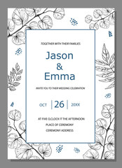 Wedding invitation or greeting card template. Minimalistic design with floral elements hand drawn on a white background. Vector