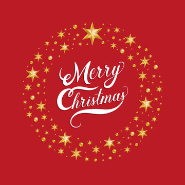Merry Christmas hand drawn lettering with golden star and ball on red background.