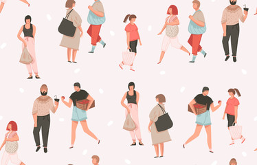 Hand drawn vector abstract cartoon graphic illustrations art seamless pattern with girls and boys zero wastle concept isolated on white background