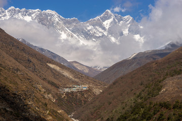 Everest summit, Lhotse and village in Himalayas